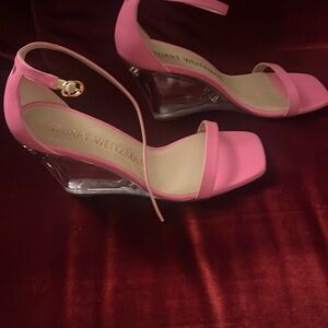 Stuart Weitzman Women's Pink Leather Lucite Wedge Sandal Shoes Size 8